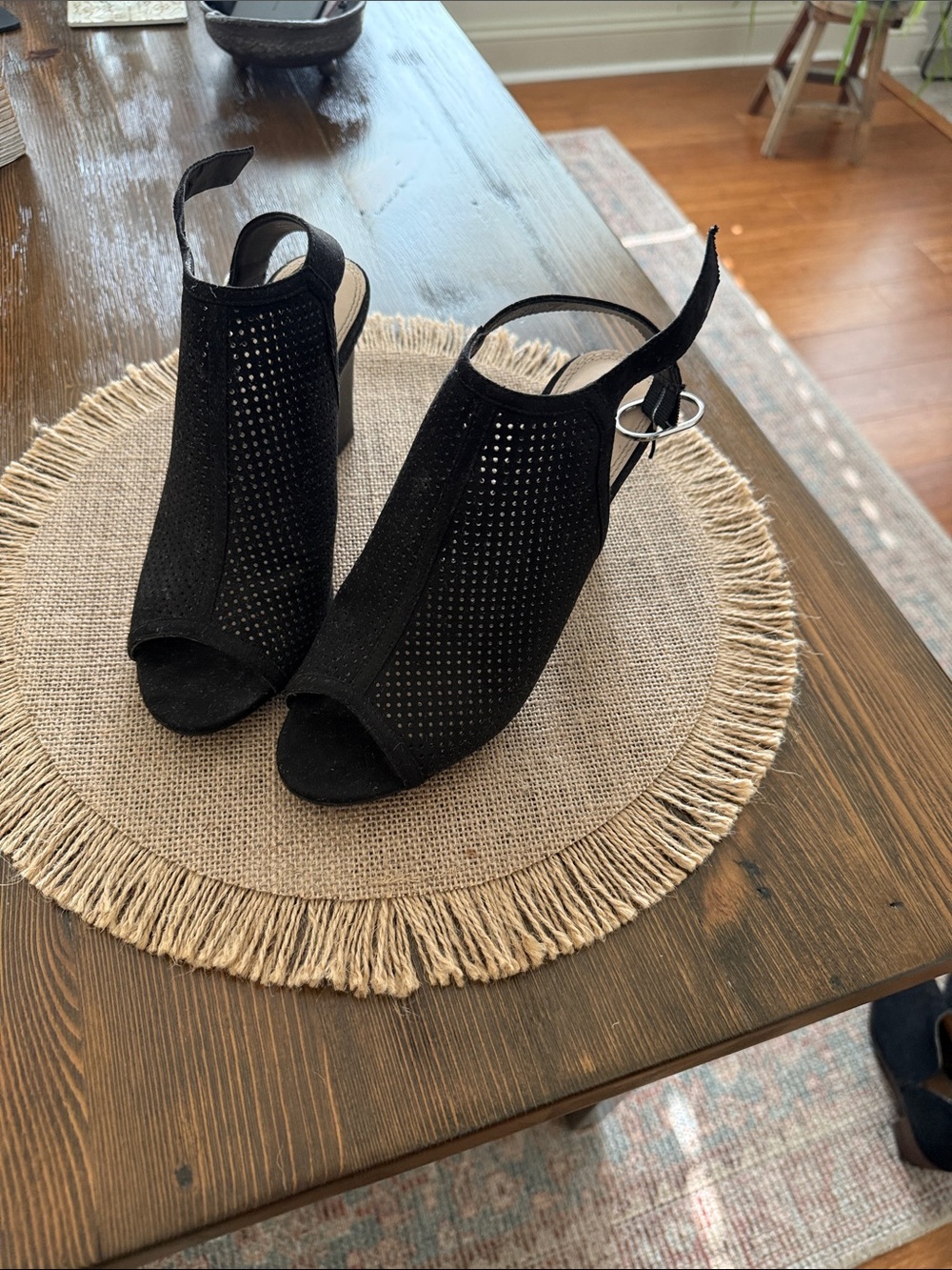 Kelly & Katie Black Perforated Peep-Toe Slingback Heels